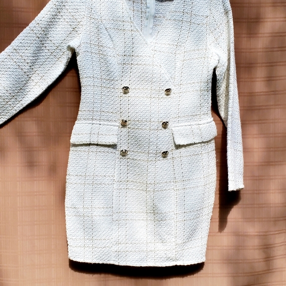 Shein White Plaid & Gold Button Detail Tweed Dress - Picture 5 of 8
